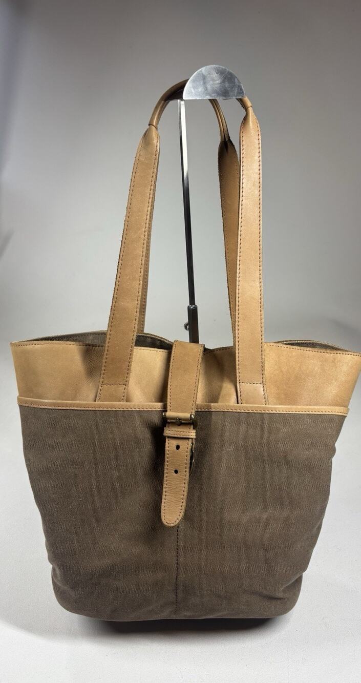 L.L Bean Vintage Brown Leather Green Canvas Travel Tote Bag Purse Medium 0BWA6
